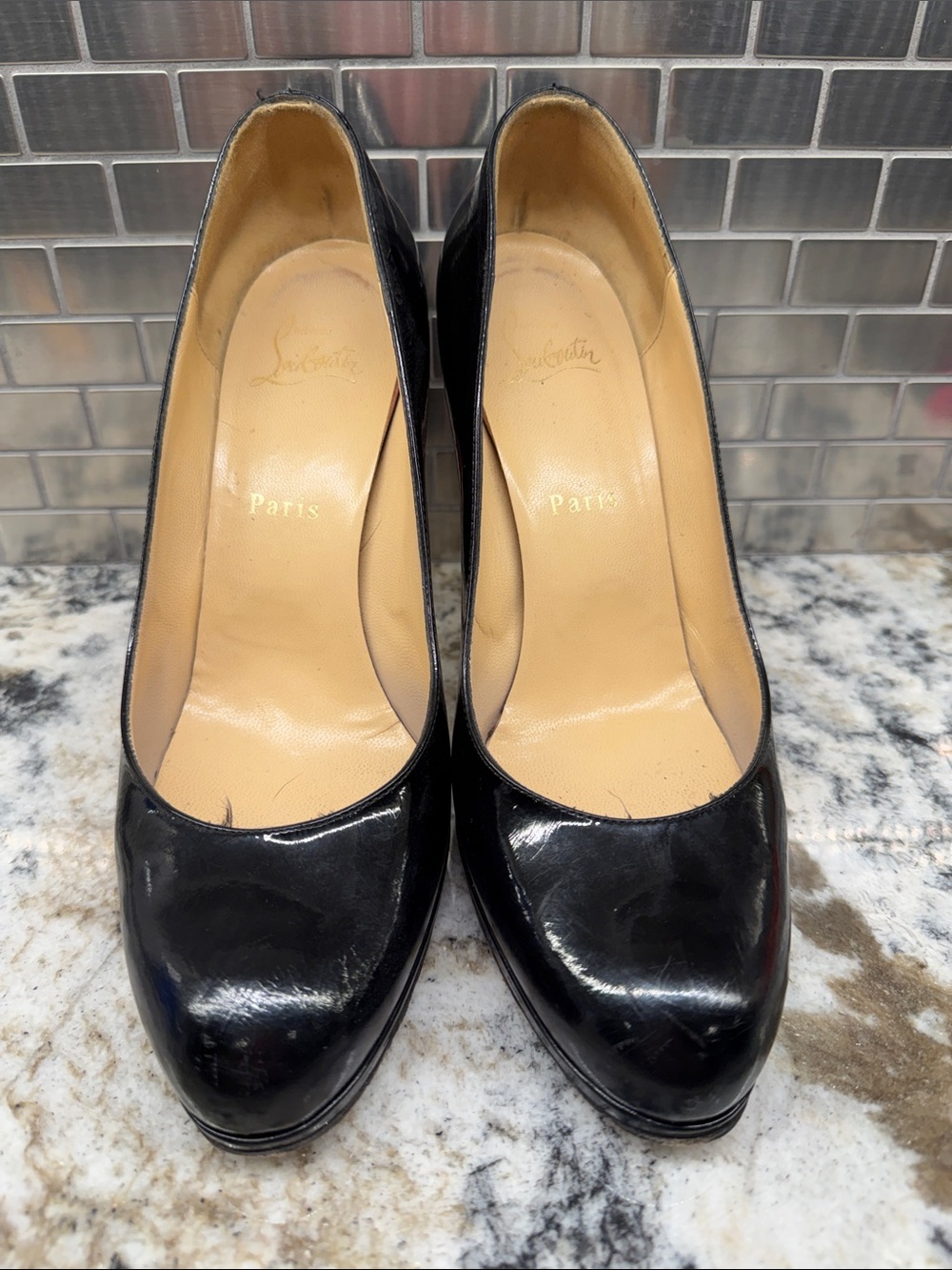 Christian Louboutin Black Patent Leather Round-Toe Pumps